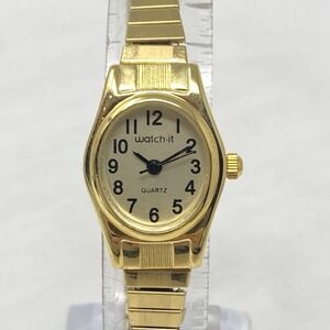 Watch-it Watch Women 19mm Gold Tone Vintage Inspired Stretch Band New Battery